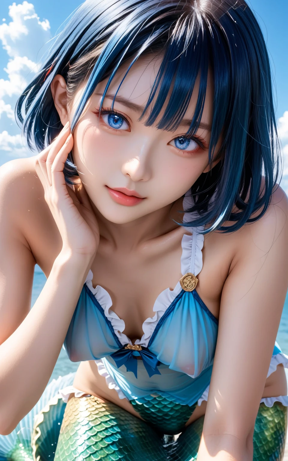 highest quality, masterpiece, details everything, solo, high_res,1 beautiful girl, light blue hair, standard body, center, hair makeup, pretty face, light makeup, Tyndall effect, photo realistic, dark studio, daylight, clear, inshore sea, hawaiian coast, clear blue sea, wet shadow body, (high detail skin: 1.2), 8k uhd, dslr, light studio, high quality, photo, high resolution, 8k, bokeh.