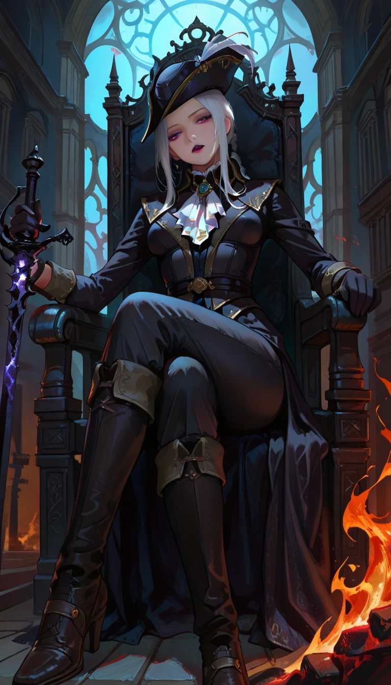 Best quality,masterpiece,a high resolution,Adult female, businesswoman, legs crossed, visible breasts apart, holding staff, white hair, long hair, yellow eyes, black coat, long pant, black pant, bloodborne style, sitting on throne.