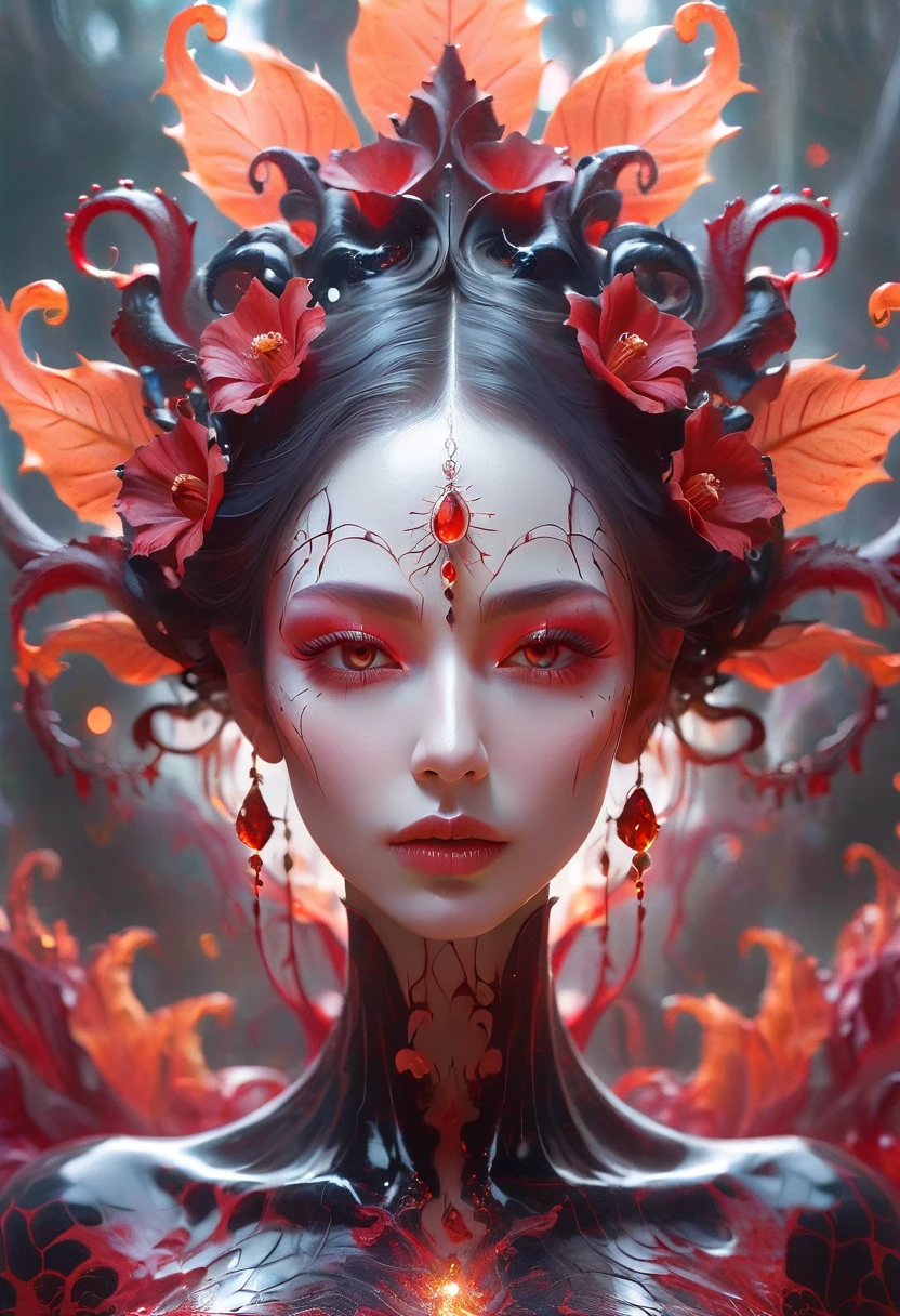 a dark elven queen embodying the essence of fractals, surrounded by the eerie beauty of a magical Ghost Flower with blood-red tentacles reaching out from the abyss. The scene exudes an aura of enchantment, uncanniness, and terror, as the queen's mysterious presence intertwines with the haunting allure of the otherworldly plant. The intricate fractal patterns mirror the complexity of the queen's power, while the ghostly flower adds a touch of macabre elegance to the composition. This spellbinding image captures a moment of enigmatic beauty and ominous foreboding, inviting viewers into a realm of dark fantasy and mesmerizing dread