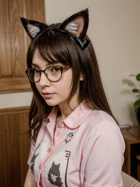 A female anime character with brown hair in a tie wearing a black shirt with a picture of a cat, the character wears glasses on top of her head, wears a pink hanphone with pink ears and her toad clip 