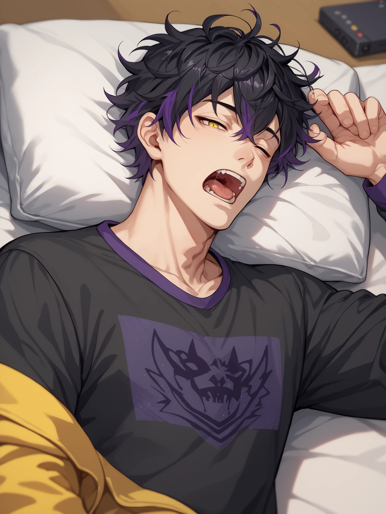 Anime man with thin black hair, yellow sharp eyes, emotionless and cold personality. Has one purple highlight, solo, blurry background, messy bed hair, room filled with high tech gadgets, laying on bed, yawning, best quality, high resolution