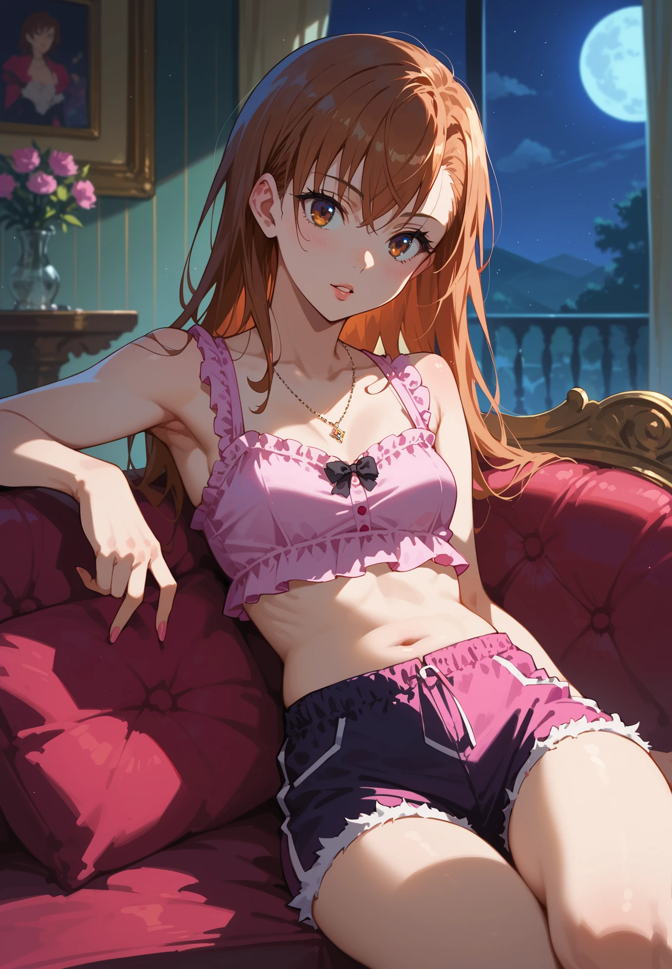 1girl, solo, Misaka Mikoto, Toaru Kagaku no Railgun, naturally sagging small breasts, pink crop top, silk shorts, parted lips, sitting on a couch, sexy pose, alluring atmosphere, gothic mansion, night time, cinematic lighting,