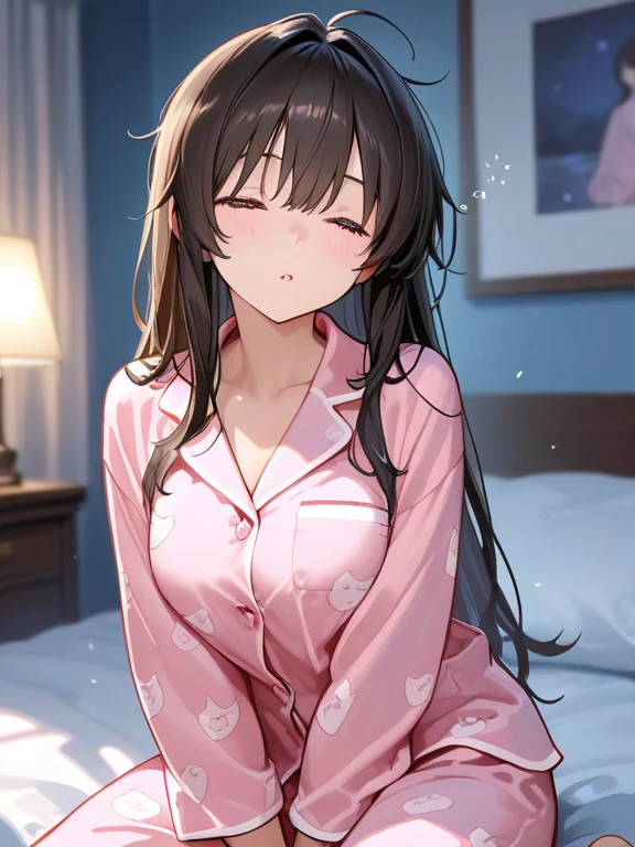 1girl, mature women,perfect ,black hair, long hair, (hair over one eye:1.4), messy hair, hair between eyes,plump chubby ,saggy breast, flower motif pajama, innocent shy blush on , bedroom