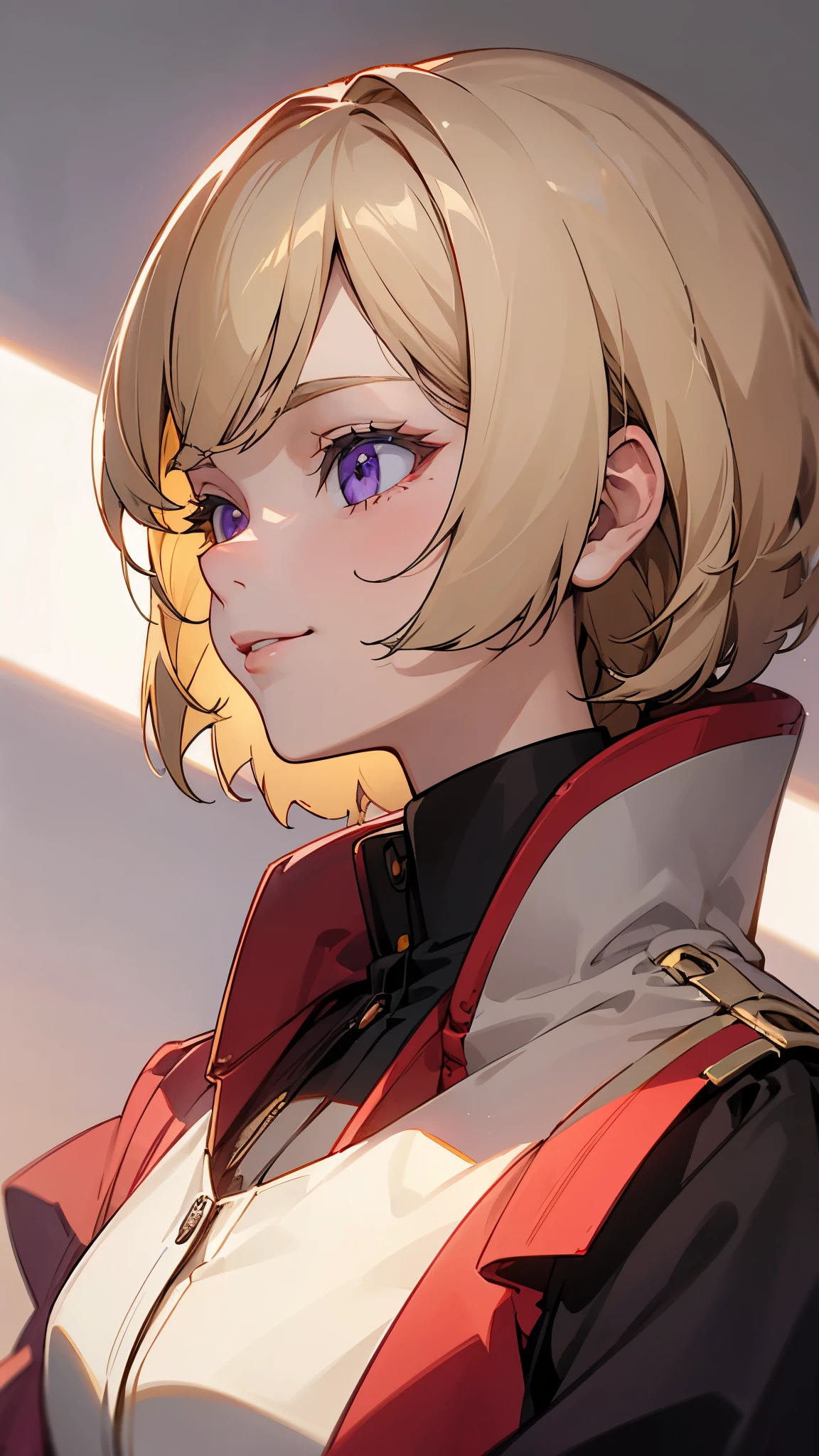 (Female 1)、 Blonde Hair、without bangs、bob cut、straight hair、purple eyes、narrows her eyes、 wearing red jacket and black shirt 、grins、 profile、Lip Details 、 light shines on her face、upper body close-up、Living
