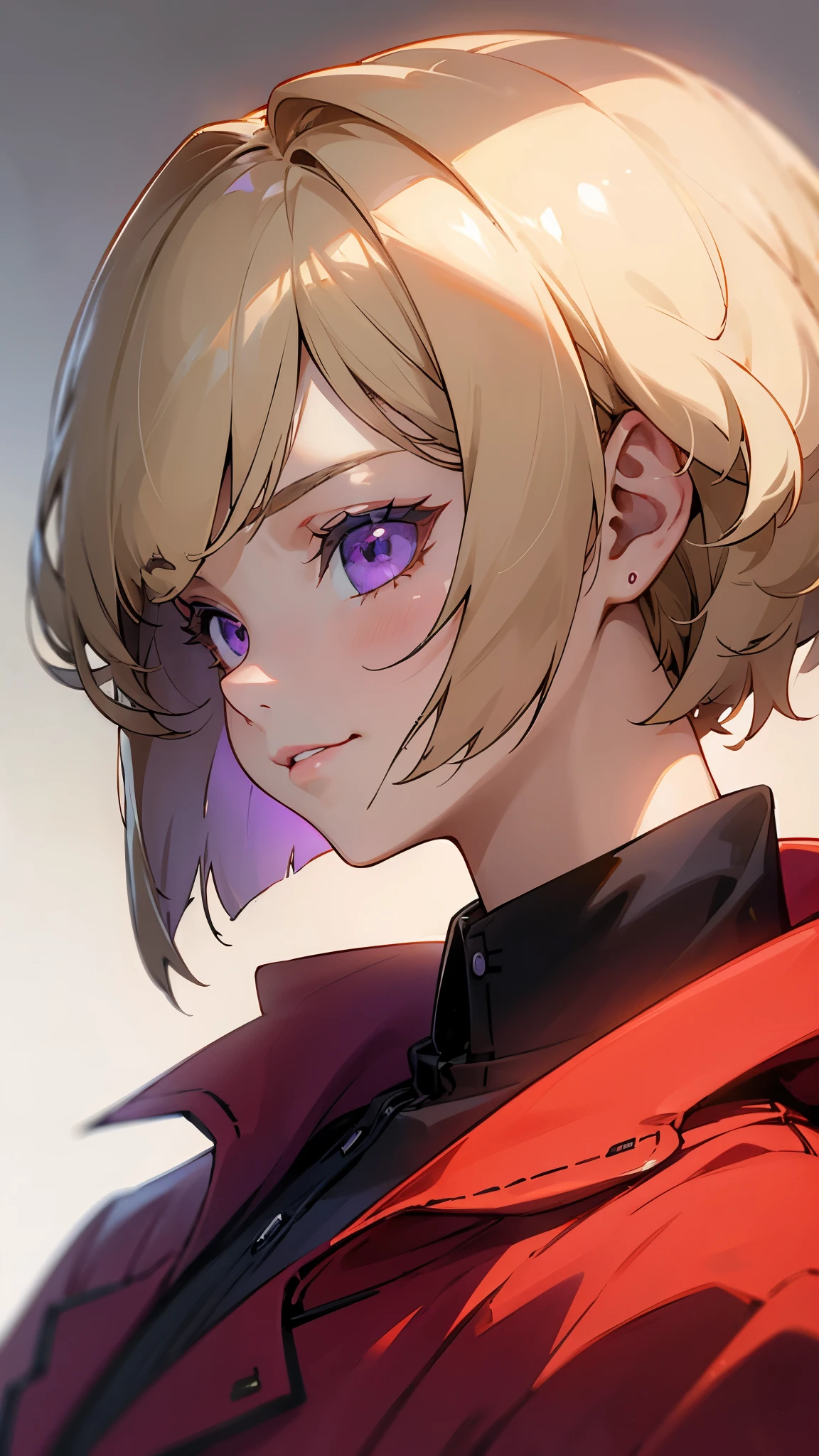 (Female 1)、 Blonde Hair、without bangs、bob cut、straight hair、purple eyes、narrows her eyes、 wearing red jacket and black shirt 、grins、 profile、Lip Details 、 light shines on her face、upper body close-up、Living