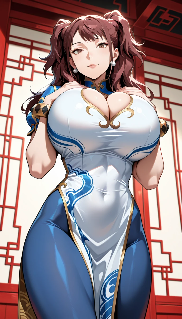 An anime-style artwork depicting ruan mei from the game Honkai star rail.

Tags: ruan mei, anime, detailed eyes, detailed lips, chinese dress, turtleneck, pencil skirt, smiling expression, intense gaze, glowing emblem on hand, dynamic pose, mystical background, vibrant colors, digital art, high-resolution, professional quality, gigantic breasts, (underboob : 1.4), curvy, cowboy shot, (gigantic breasts: 1.4), green eyes, (light brown hair)