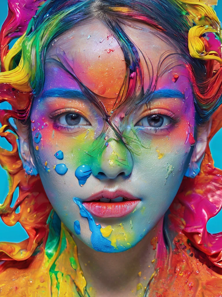 (Masterpiece, Best Quality, High Resolution), White Background, Acrylic Paint, ((Color Splash, Splash of Ink, Color Splash)), Sweet Chinese Girl, Long Light Blue and red Hair, [Light Blue|Pink] Hair, Curly Hair, Glitter, Peach Lips, White Shirt, Front, Upper Body