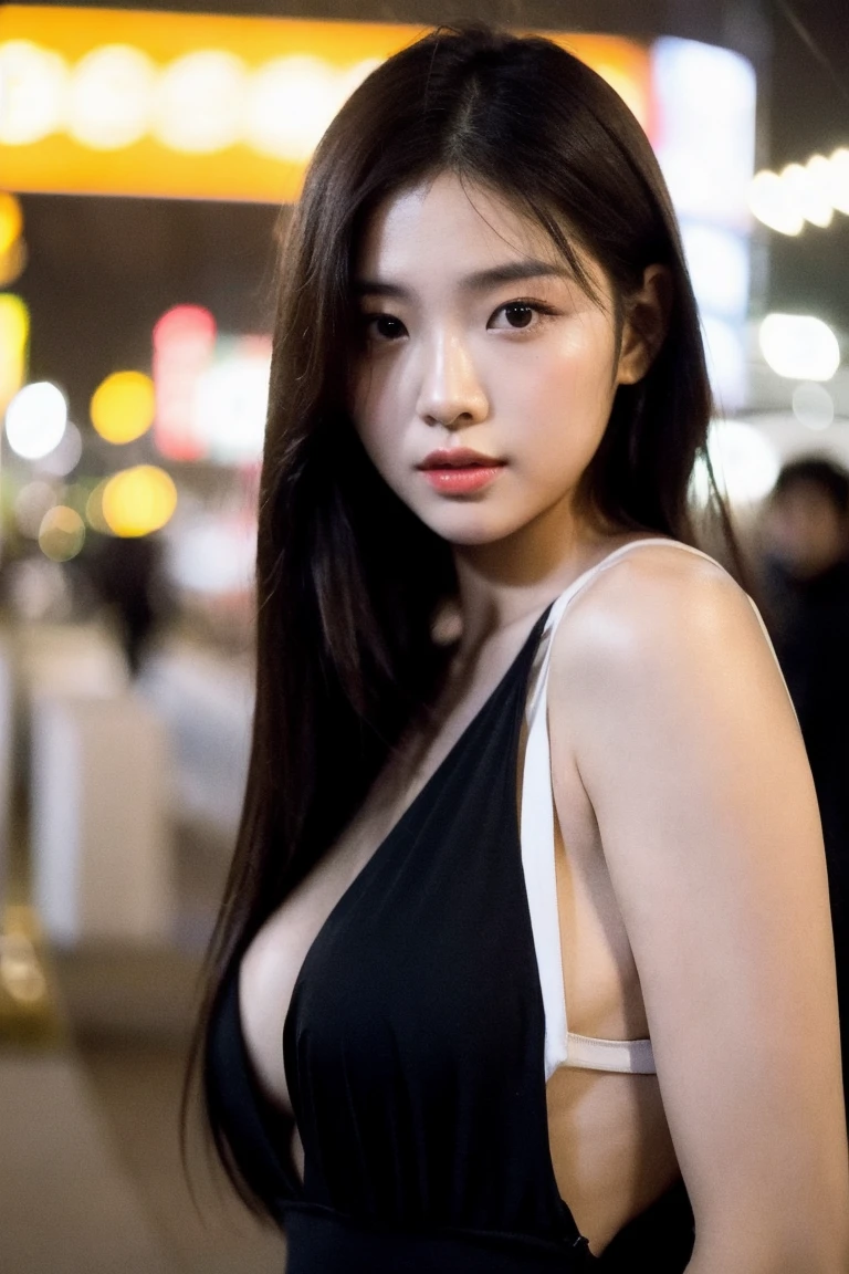 Photorealistic、Masseter region、Highest quality、High resolution、RAW Photos、Genuine、Bright lighting、Face Light、Smooth Professional Lighting、Japanese women、Beautiful Face、Just the right breasts、Long Hair 1:3、Gorgeous clothes、The background is downtown at night
