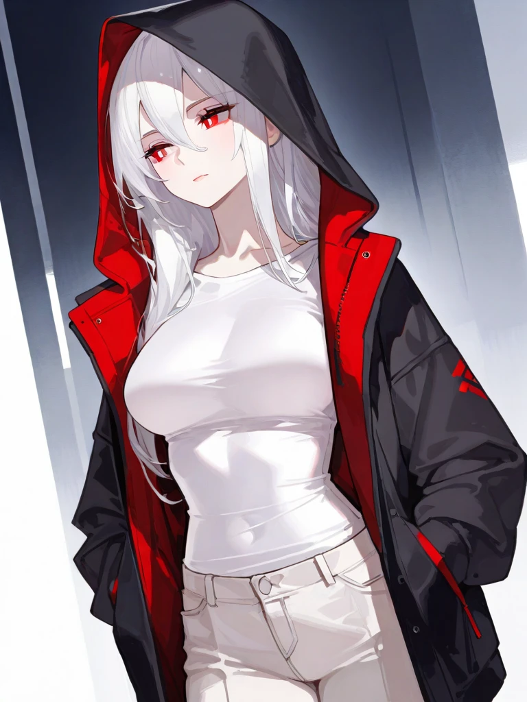 digital anime, clean pink eyes, red lips, beautyfull shy woman looking at view, black braid hair, wear only a one piece fluffy pajama with hood on, front zipper deep open uncover skin, sitting on puff, dim light, rainbow background