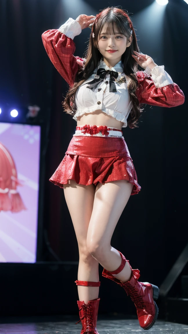 The skirt is flipped up to reveal white panties.、(Let's sing on the gorgeous concert stage:1.5)、(super beautiful)、(beautiful face:1.7)、(detailed face:1.5)、fine eyes、detailed lips、detailed nose、highest quality、High resolution、Super detailed、masterpiece、(Live shooting:1.5)、genuine:1.5、photogenuineistic:1.5、very delicate and beautiful、small details、1 female、kpop star、(Spread her legs)、(KPOP Costumes)、(cool jacket、 :1.1)、high heels、Spotlight