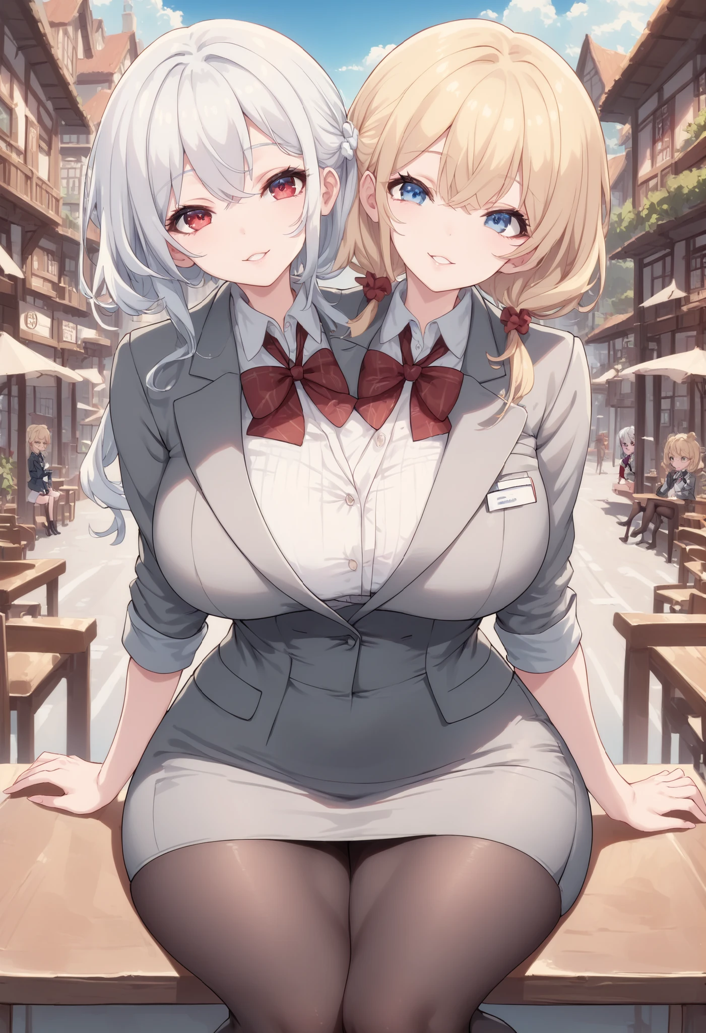 conjoined, 2girls, 2heads, two heads, a tall thin girl with 2 heads, ( blonde hair, blue eyes, ) ( white hair, red eyes, ) grey suit, grey pencil Skirt, black pantyhose, large breasts, front shots, sitting, town
