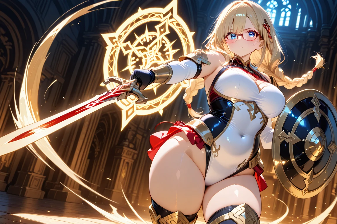 LeinaQuiron woman, breasts, blush, blue eyes, blonde hair, large breasts, cleavage, braid, hairband, armor, twin braids, side braid, short hair with long locks, buckle, shield, BREAK (masterpiece, best quality:1.3), 4k, ultra-detailed, trending in pixiv, intricate details, detailed background, detailed eyes, BREAK (in the castle, outdoors:1.4), BREAK 1girl, solo, (upper body, holding sword, fighting pose, serious:1.3), (contrast, light particles:1.2), (shiny skin:1.3)