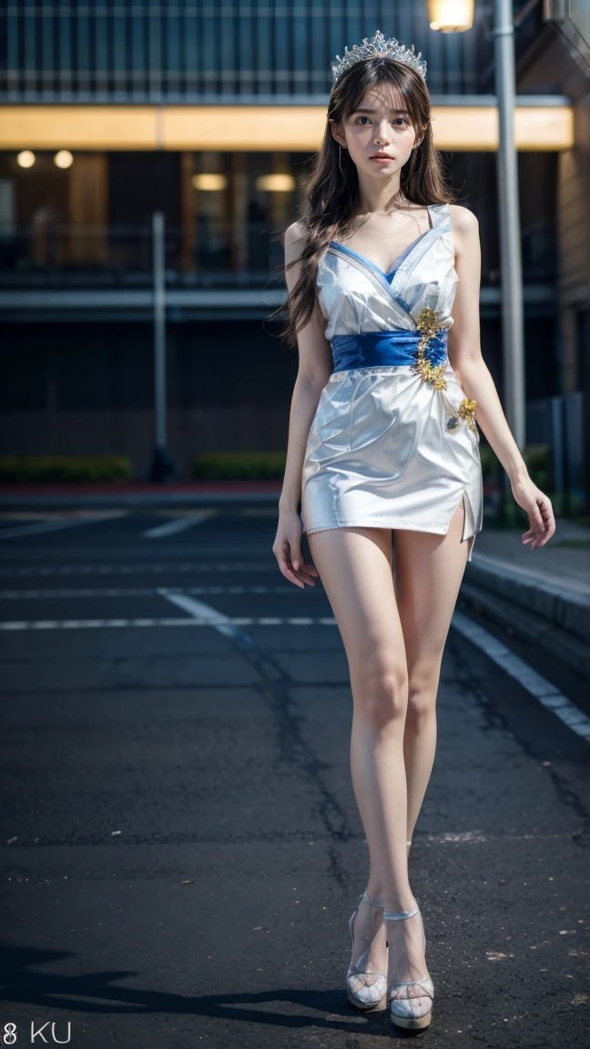 (8k, RAW photo, best quality, masterpiece:1.2), (realistic, photo-realistic:1.37),1 mech-girl,cityscape, night, wet, professional lighting, photon mapping, radiosity, Korean Doll,torn , large breasts, white dress, mech wings