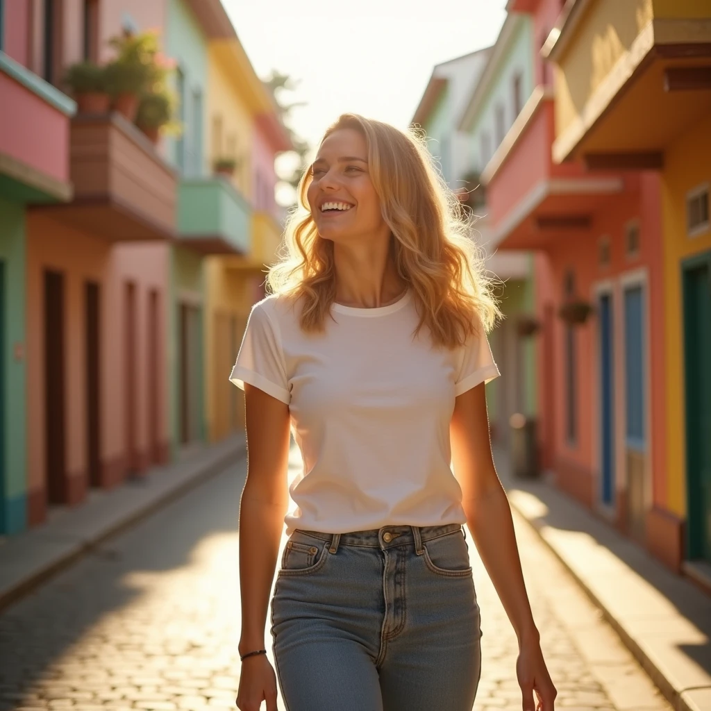 a blond、Long、infp young woman、Facing the front、white backgrounid、wearing white t-shirts、Smiling