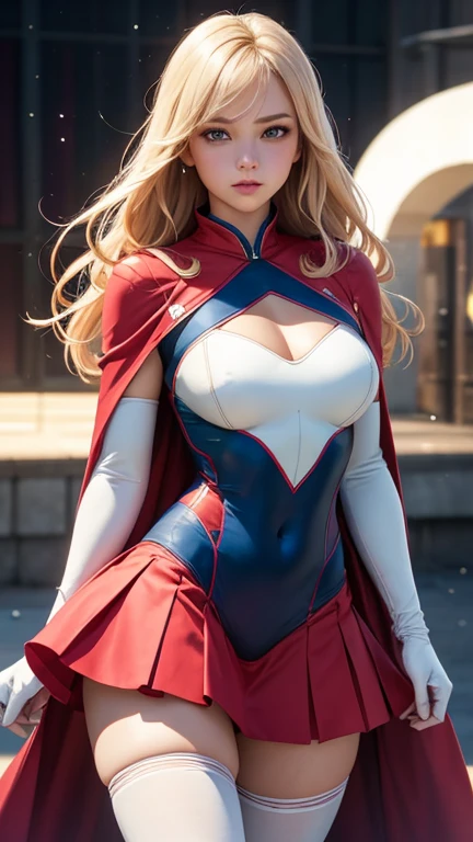 4k, realistic, charismatic, very detailed, there is a girl in the sky, dressed in a super girl costume, she is a super girl, superhero theme, blonde short hair, ponytail, 20 years, full body, (detail in the eyes), (detail in the face), incredibly beautiful, blue eyes, blush, makeup, red lipstick, miniskirt, (wide hips), (thick thighs), small breasts, dress,, seductive pose, (extreme hourglass figure), thin, svelte, white skirt, boots, tight t-shirt, (chubby:1.2),