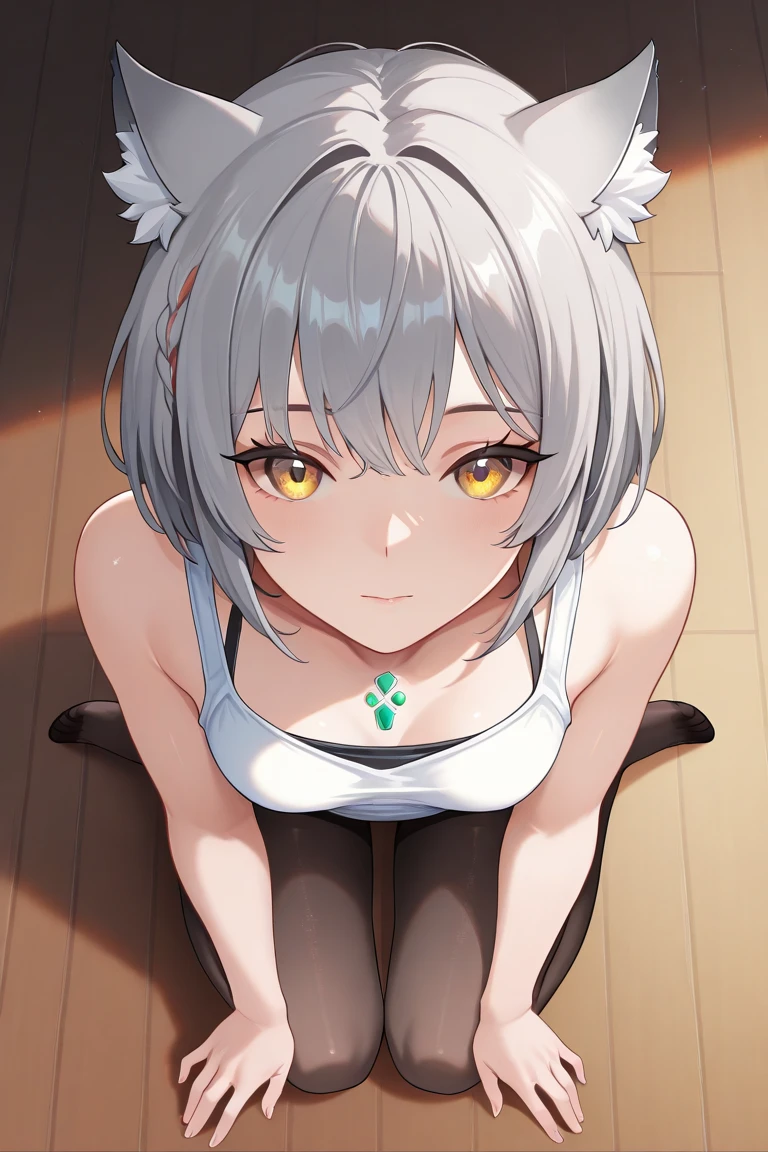 photore，best qualtiy，tmasterpiece，Kizi，White hair，short detailed hair，cat ear，tilts your head，is shy，adolable，Flush，Loose clothes，Natural stay，Lori huge breasts cleavage，astonishment，exquisite face，multiple persons，having fun，Cat tail，Crush on me，I don't like her，My tablemate，Short stature，Small chest，in her room，duck sitting，His face was flushed，Lie on me，Touch her head，She enjoyed it，swim wears，You can see the whole body