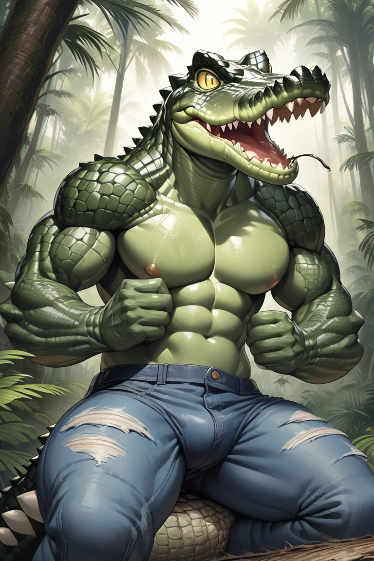 muscular sweaty chubby anthropomorphic green crocodile sitting on the floor, cross-legged, one leg up, arms up, smiling. close-up: armpits, sweaty wet feet paws, paw pads, feet claws, wet skin, drops of sweat. photo realistic style, masculinity. semi-darkness, soft light, detailed skin