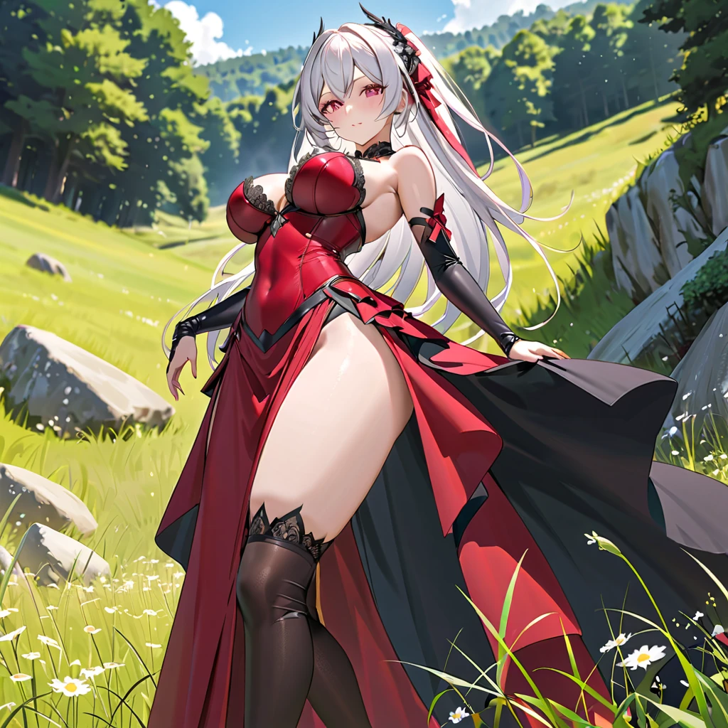 Long white hair, bangs, Japanese woman, short dress of white color with rips, cloak with dark red hood, large breasts, curvy woman, thin waist, thick legs, barefoot, scars on hands, pink colored eyes, black forest scenery, night, fantasy scenery.