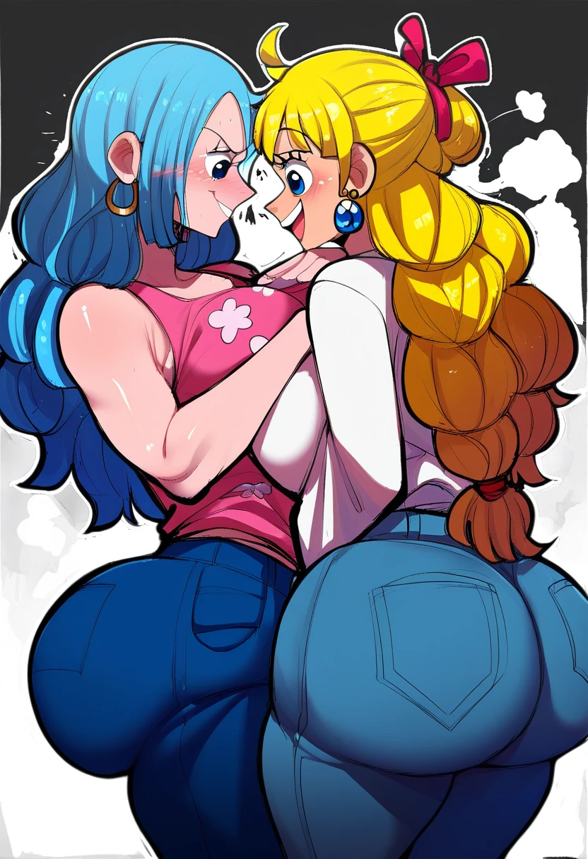 masterpiece, best quality, 2 girls, bullies, mean looking, from behind, wide ass, panty short, fullback panties, pink panties with stars, looking back, skirts, up skirt, panty shots, bent over, ass up