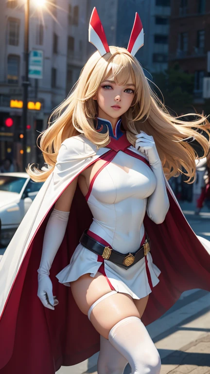 (Absurd, High resolution), 16K, (Panorama), 18-year-old, 1 person, Severe, Dark green eyes, Open your arms, Short right swept dandy Blonde, Blonde, Black coat, White underwear, Extremely detailed, lightning, magic, magic Array, Exaggerated light, Shine, magic, floating, evening, good looking、wearing a red cloak