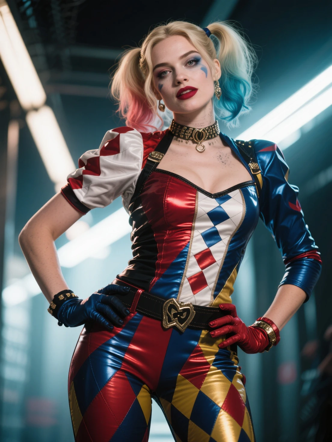 ultra realistic, photography, long red hair, girl, 24 years old, hourglass figure, perfect body, Flirty look, extremely detailed artgerm, in the style artgerm, small breasts, facing the camera, lens 35 mm, blur background, red and blue Harley Quinn costume (from the 2016 suicide squad movie), lively costume party as background, laughing, full body picture, full body
