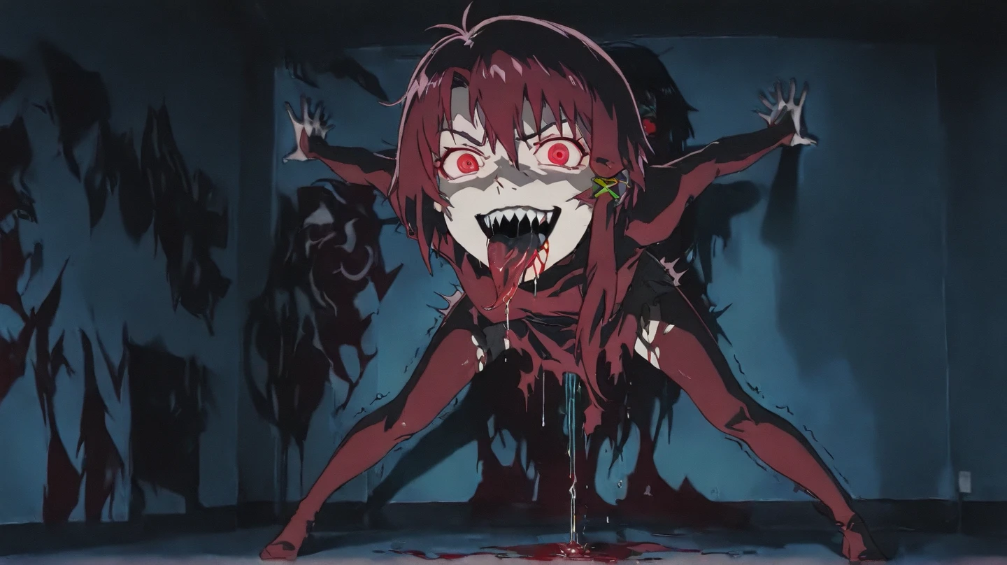 Crazy red eyes laughing Yandere Crazy anime girl. Looking. Short hair. Red hair. Full body, black background.