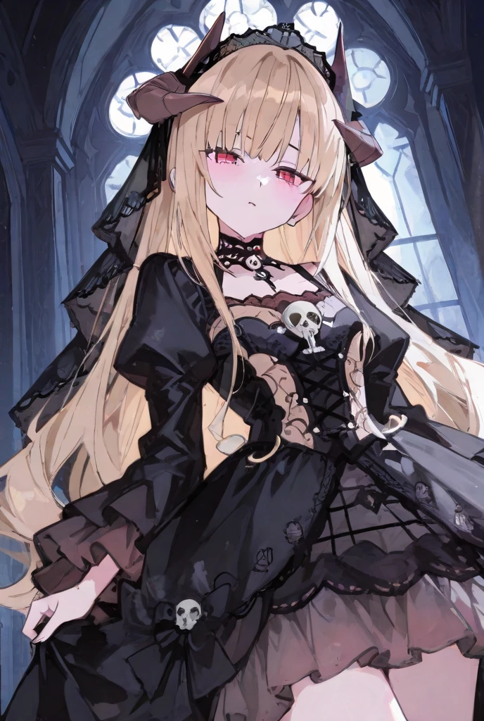 Anime girl with horns and a dress with a skull on it, ((light brown hair))(loli in dress, gothic maiden anime girl, cute anime waifu in a nice dress, anime moe artstyle, anime girl wearing a black dress, nightcore, (anime girl), anime style 4 k, little curvy loli, high quality anime art style, anime girls, demon anime girls