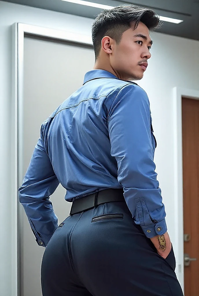 40-year-old boy ,Korean male officer ,Thin mustache...,handsome ,Wear long sleeve police uniform shirt...............,beige dark blue tight trousers, ,((unrealistic super big tight butt wearing pants))............................. Black boots and dark navy gloves.,sit on the ground , His legs spread apart sitting on the ground................................, Police Logo ,tight breasts ,Muscle Man , ((The arm muscles are very large...................)) ,large , Wide shoulders ,open legs, head turn slightly to looking back to the camera, rear shot.......................................... high angle looking down...............,Sexually suggestive, (Dynamic Poses:1.1) , thights , (Embossed Focus:1.2),On your knees........................., empty toilet cubicle at night, Best qualtiy , Wide lens from far ,deep depth of field ,Bokeh background