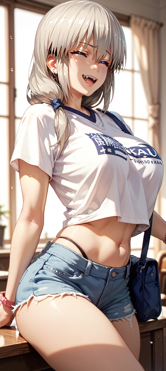24-year-old Caucasian woman、Hair color is blonde、Eye color is blue、Longhaire、A slender、I&#39;m wearing a bandana on my forehead、a smile、Beautiful breasts、My abs are cracked、I can see the navel、She is wearing a T-shirt that shows her underboob、I'm wearing a miniskirt、Wearing a jacket、I'm wearing pin heels、Be in front of a concrete wall、Wearing a scarf around your neck