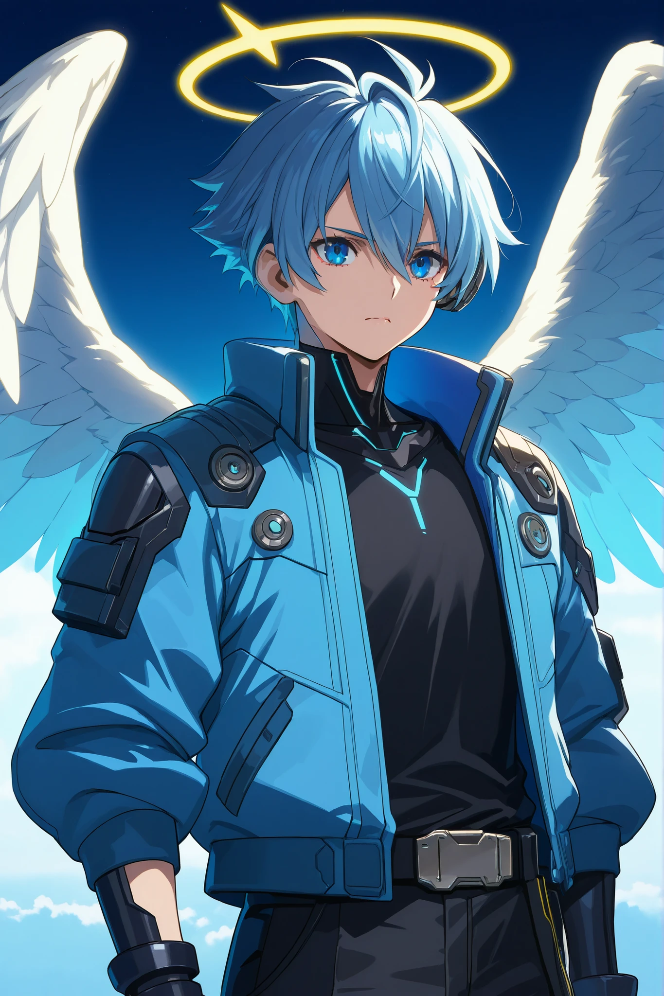 ((Alone))(a boy))((High Quality))((top quality))((4k))((extremely detailed))((best illustration))((best shade))((anime style))((angel))((futuristic))Create an angel with a futuristic appearance. He has blue hair with a large light blue tuft, Bright Yellow Halo, sky blue eyes and wear a cyberpunk blue jacket with purple details, black shirt, technological gloves and black pants with blue lights. He wears technological ear covers and a golden aura. His white wings shine with blue light when he uses his power. You can create technological weapons, hack systems and travel around the digital world. (anime style 2D o 2.5D)