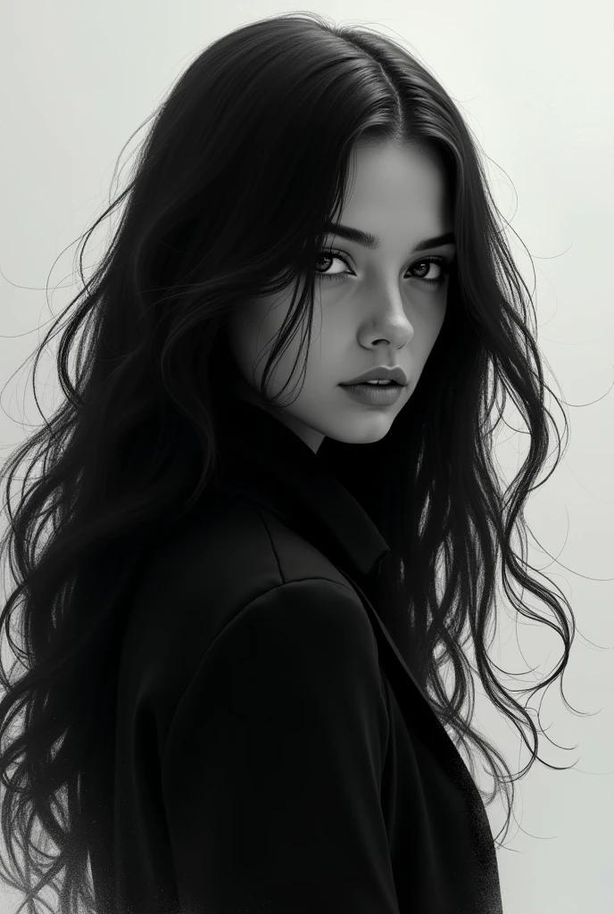 A black and white portrait of a beautiful young woman, with long windy hair, in the style of Mark Demsteader