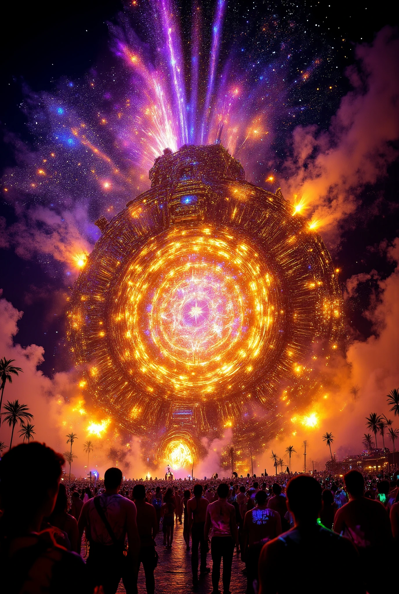 Inspired by Galactic Forge / Tropical Cyber / Firefly Laser / Sweat Crystallization / Doomsday Rose Fireworks
。 The scorching sun melts the gold stage, the giant geometric LED screen shatters into spots of light with the beat of electric music, and the fire-breathing device intertwines with dry ice, like a volcanic eruption crashing into the starry sky.
Fluorescent painted skin is steaming with sweat, tie-dyed yarn clothes are agitated with tropical storms, thousands of people hold up ice mist jets, and water splashes and neon paint rainbow explosion moments.
Coconut ice carts flow with electronic blue light, palm leaf projections sway on the ground into a cyber jungle, and fireworks pour from the stage dome to blast up shards of rose gold at the end of summer.
The neon laser network penetrates the summer night heatwave, the firefly drone swarm dances with the Milky Way, and the purple and orange gradient splashes ink in the sky, reflecting the crystal-textured aurora vortex.
70% futuristic psychedelic 30% primitive wildness - collide with the coldness of industrial metal with the heat of midsummer flesh and blood, and weld civilization and barbarism into the same carnival.