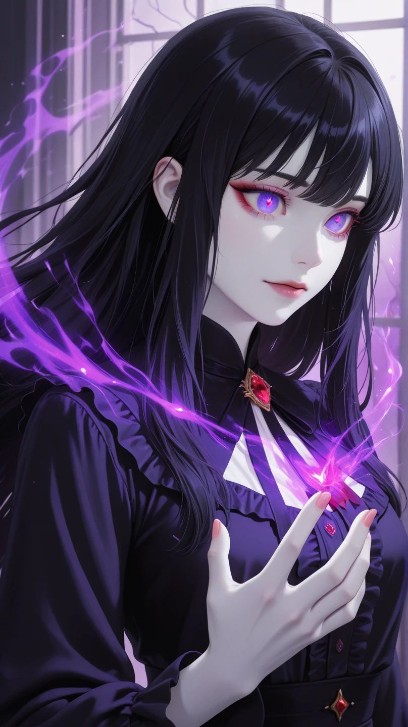((masterpiece, best quality)), (1girl), (solo), (female focus), (dark hair, long hair), hair over one eye, purple eyes, arms behind back, sad eyes, cold facial expression, cold look, gothic dress, pale skin, colour grading, dark illustration, extreme quality, radiant, extremely detailed, ultra-detailed face, ultra hd 8k, ultra digitality, mythical, dark lightning, perfect face, beautiful, (perfect composition: 1. 4), detailed face and body, award-winning photography , fields, detailed face, detailed hands, looking at the viewer, cinematic lighting, embers, fantasy background, water splashes, foggy haze, (necromancer), (villain), faux traditional media, (masterpiece, best quality, ultra-detailed, best shadow), (beautiful detailed face, feminine features), (best illumination), ((cinematic light)), colorful, hyper detail, dramatic light, intricate details, (dark circle under eyes), gothic, decadence, stunning, eerie
