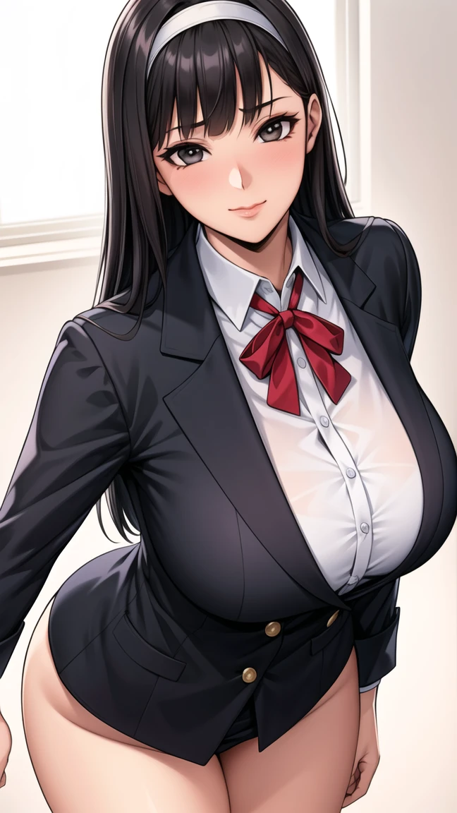 Simple Background,White Background,
dynamic pose,standing at attention,
school uniform,black jacket, long sleeves, red ribbon, collared shirt,
black eyes, black hair,Long hair,hairband,blunt bangs,
1 girl, 20yo,Young female,Beautiful long legs,Beautiful body,
Beautiful Nose,Beautiful character design, perfect eyes, perfect face,expressive eyes,perfect balance,
looking at viewer,(Focus on her face),closed mouth, (innocent_big_eyes:1.0),(Light_Smile:0.3),
official art,extremely detailed CG unity 8k wallpaper, perfect lighting,Colorful, Bright_Front_face_Lighting,White skin,
(masterpiece:1.0),(best_quality:1.0), ultra high res,4K,ultra-detailed,
photography, 8K, HDR, highres, absurdres:1.2, Kodak portra 400, film grain, blurry background, bokeh:1.2, lens flare, (vibrant_color:1.2),professional photograph,
(Beautiful,large_Breasts:1.4), (beautiful_face:1.5),(narrow_waist),