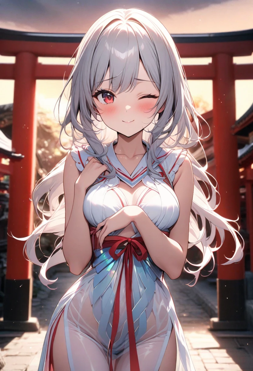 1girl,solo,closeup upperbody,faint smile,evil smile,white (yukata,miko:1.3),Japanese style,head decoration,Cleavage,under wear,bra,Panties,Navel,Collarbone,On all fours,See-through