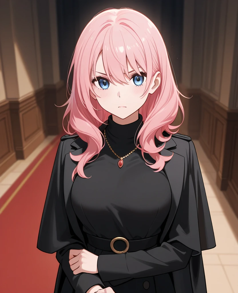 1girl, <lora:bocchi_style_offset:0.8>, bocchi style, bocchi, hand, pink hairs, blue eyes, evil smile, smoking, looking at viewer, upper body, golden chain