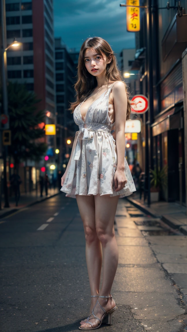Full body portrait of Emma, happy Beautiful blonde 24 years old woman, in the middle of a crowded tokyo street, big smile, canon 35 mm, midnight, realistic portrait, highly detailed, analog style, chest cleavage, hyper realistic, model body, big breasts, Beautiful breasts and tits,, wearing a cute dress, cleavage, revealing outfit, candid photo, wearing a sexy Floral Print Knot Front Lantern Sleeve dress, sheer dress, beautiful upper body, big leaf , she tit, looks hot, deep cleavage