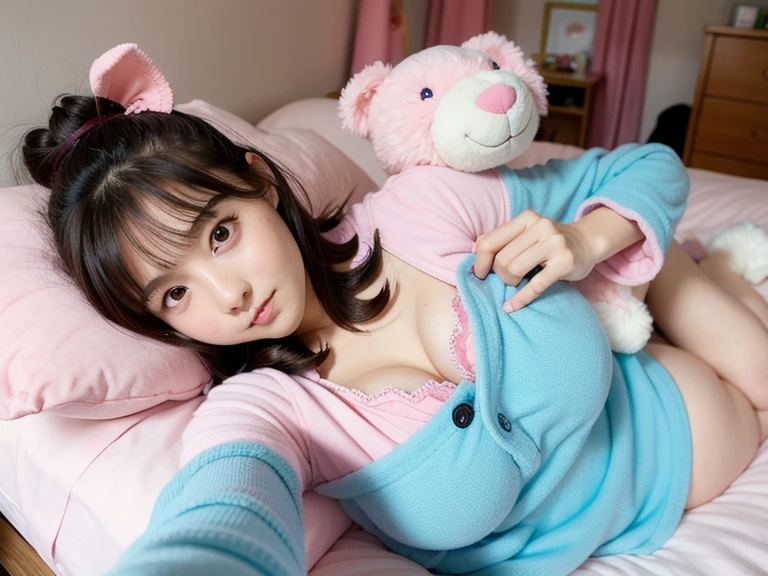Little girl with big breasts lying on the bed