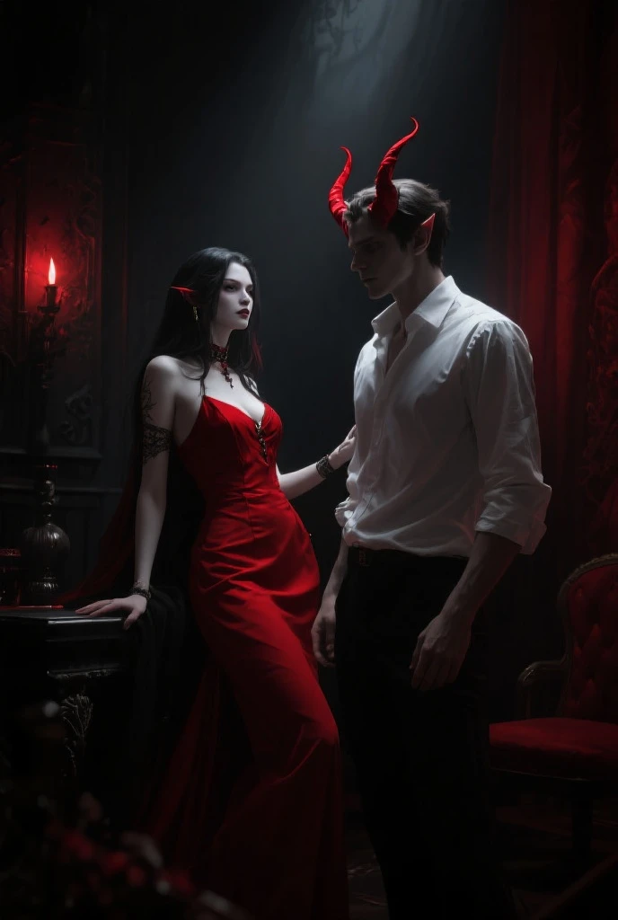 Woman in red dress hugging man in black suit, Very handsome pale male vampire bites on the neck of a woman, Woman in sexy red dress, Beautiful neckline, Woman with long red hair, The man is wearing a black silk shirt and pants, Large leathery wings with claws, Fantasy Vampires, Vampire, based on Bruce Timm, androgynous vampire, red magic surrounds her, Fan art, vampires, based on Bálint Kiss, female vampire, Dracula, Princess Nosferatu, in style of dark fantasy art, based on Victor Mosquera