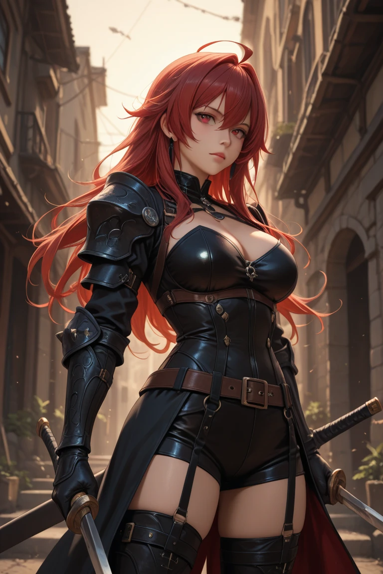 Tall Beautiful Woman ((Sexy)) ((Redhead)) (Armor) ((Sensual)) ((Sexy Pose)) Sample Breasts (((Thick Thighs)) (Sword) ((Diaba)) Tower((Gothic)) ((Well Detailed)) (((High Resolution)) ((High Quantity Image)) (Full HD)