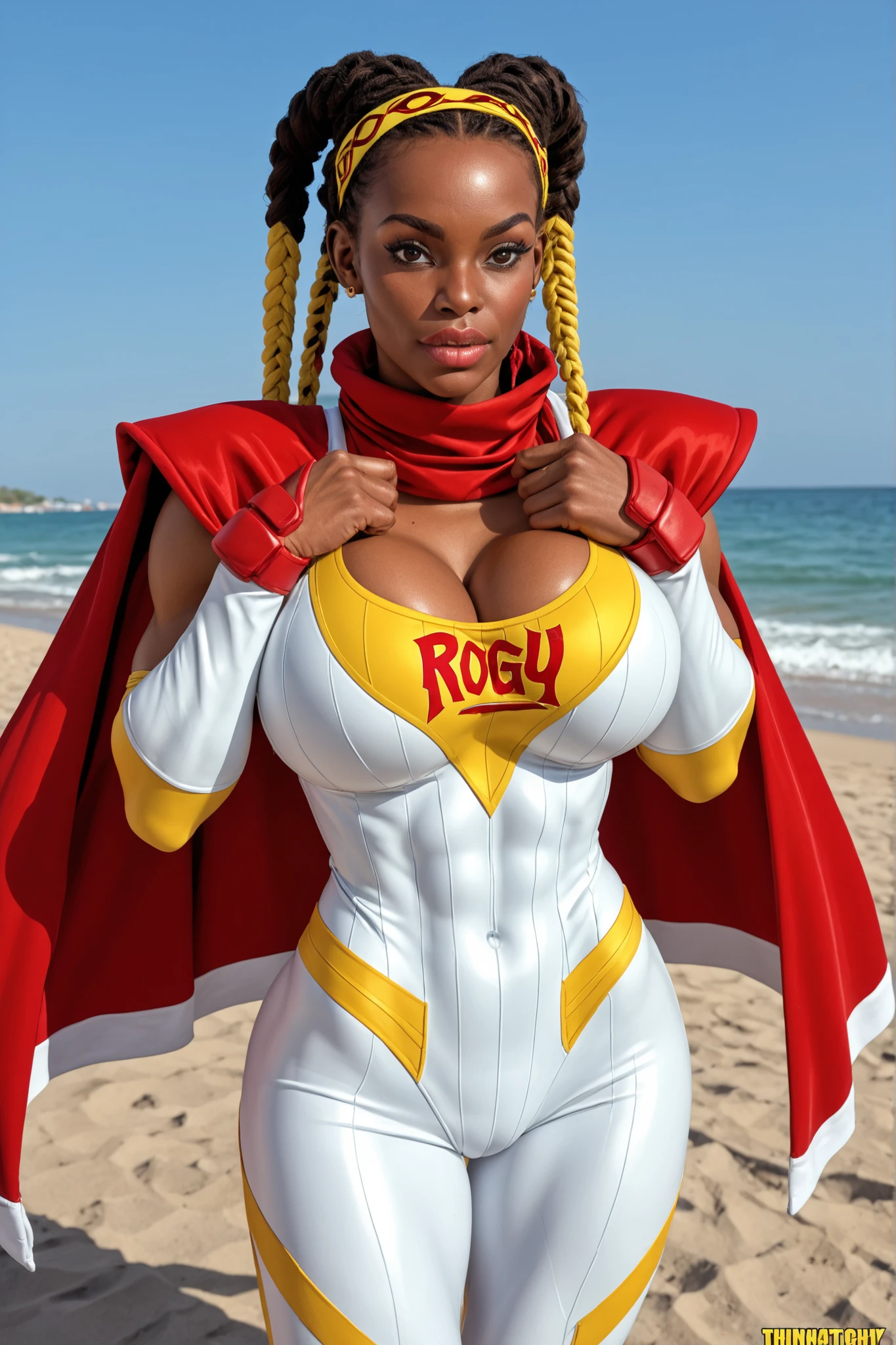 Kimberly Jackson from Street fighter 6, rogue Bodysuit African, African girl, curvy hips, under clothes, brown hair, long hair, sexy body, huge ass, Body, girl, full view, Black african african girl, Long braided hair, african girl, young girl, thinn body girl, beach background, sea background, Big breast, Bimbo body, kimberly jackson aperance, Migthy Woman clothes, Kimberly Jackson from Street fighter 6, Migthy Woman clothes, Kimberly Jackson in cosplay, Migthy Woman cosplay, Migthy Woman suit, African girl in Migthy Woman suit, super hero cosplay, huge breast, Big breast,, white leotard, red cape