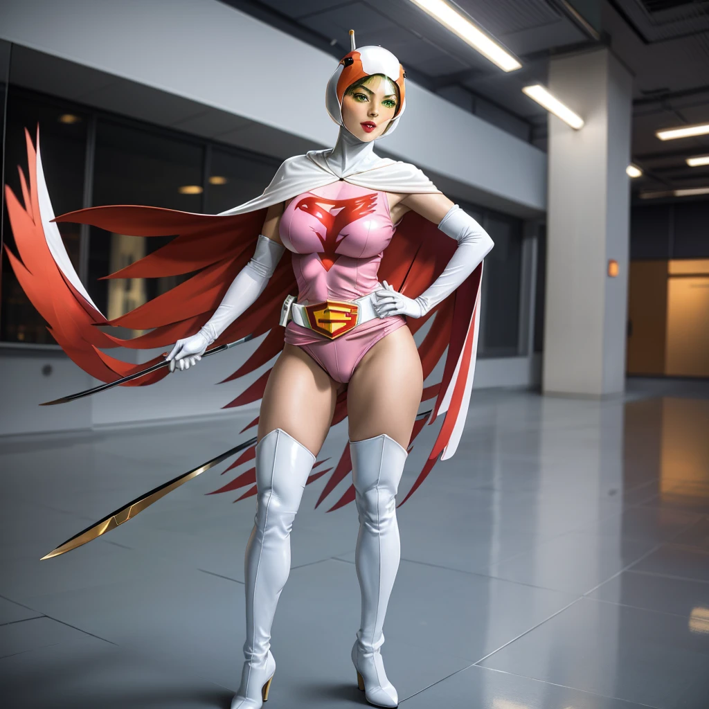 ((masterpiece)), ((highest quality)), ((High resolution)), ((Very detailed CG unity 8k wallpaper)), Beautifully detailed, Very detailed, 16k, Exquisite, Absurd, Beautiful background, Beautiful Eyes, Beautiful Skin, Beautiful Face, Anime Style, Outdoor, Day, Face Focus, View Viewer, alone, Concentrated, Dutch Angle Break,
Year_Classic_Jun_Gatchaman_My Waifu, Jun The Swan,
One Girl, chest, Glossy lips, medium chest, large chest, Green Eyes, Big eyes, (We say:1.2), Lip mites, compensate, eyelash, eye shadow, A kind smile, attractive, 
(See-through orange visor:1,5), Helmet, Cape, Elbow hand pockets, Knee socks, belt, White gloves, zettai ryouiki, mask,  skirt, White legwear, Superhero, leotard, Spacesuit, Pink Dress, white Cape, pink leotard, pink skirt, Short dress, White long gloves, White long boots, Gloss, Camel Toe,  Breaking the dynamism, Sweat, Sweatdrop, Browsing Caution, ((Fetish Situation:1.5)), Perfect hands, Perfect legs, Perfect Anatomy,