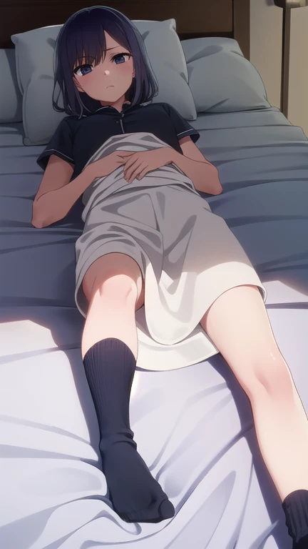 High quality, dead Anime boy, laying down on bed face down, white shirt, black adidas shorts, and his bare clean soft feet shown to the camera