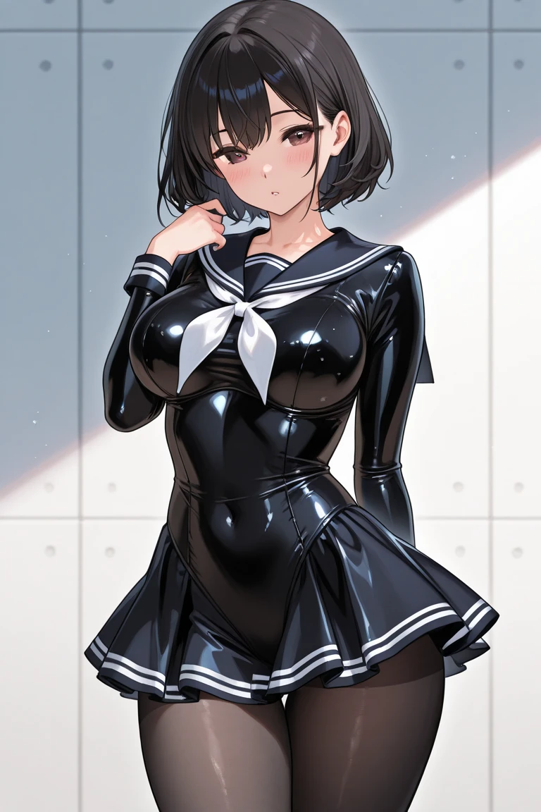((masterpiece,best quality)), highres, extremely detailed 8K wallpaper, depth_of_field, best shadow, (Colorful),(Delicate eyes and face), nice hand, Perfect hands, volumatic light, Ray tracing, BREAK
(1girl in), , hair: {Black hair, (Messy hair:1.2), Blunt bangs, [[Medium Hair]], (Big hair:1.2)} Purple eyes, Sharp eyes, Big breasts, slender, skinny, Happy, blush, BREAK,
(wear white school uniform top over black playboy_bunny leotard:1.3), (sailor collar:1.5), (red tie:1.3), (fake animal ears), (Parted clothes at the top and bottom:1.2), (short sleeves:1.1), (black BunnyGirl Costume:0.8), (fishnet stockings:1.2), High heels, (rabbit_tail:1.2), BREAK,
Cowboy Shots, Looking at Viewer, stomach focus, inside the bar, Ultra detailed backgrounds,