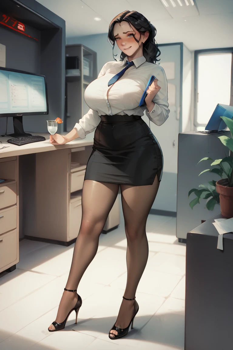 absurdres, [perfect shadows and lighting], detailed background, incredible high-key lighting, masterpiece, high quality, detailed, extremely detailed, ambient soft lighting, 4K, 1girl, thick thighs, thin waist, wide hips, curvy figure, cleavage, solo, indoors, warm colors, office, office clothing, red eyes, red hair, blunt bangs, sidelock, short hair, voluptuous, full body,  
