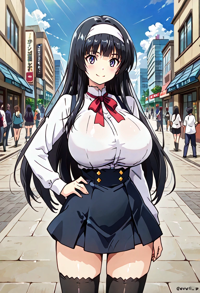 sexy girl, huge breasts, large breasts, curvy, black hair (straight bangs), brown eyes, long hair, female , high school plaid short skirt, earrings, grinning, standing, high school, outdoor, solo focus, bright day, crowd of people, (multiple students)