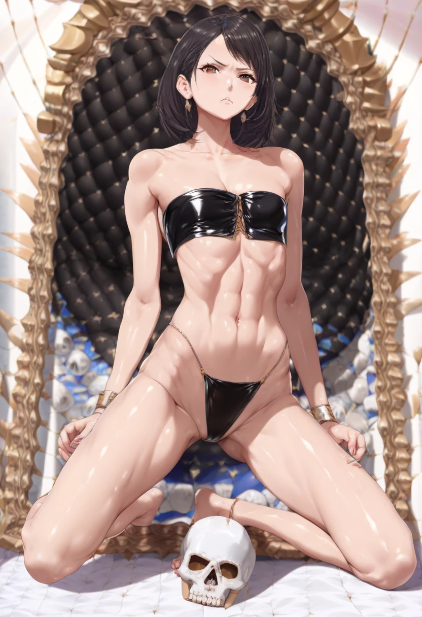 high detail skin, high detail eyes, high detail hair, highres, ultra detailed, sharpen picture, Highly detailed, masterpiece, best quality, photorealistic, full body shot, na-na kim_(andava), athletic girl, small breasts, lie on her back, lie on bed, arms up, armpit, legs spread, showing her crotch to viewer, cameltoe, looking at viewer, sensual, (contempt gaze), from above