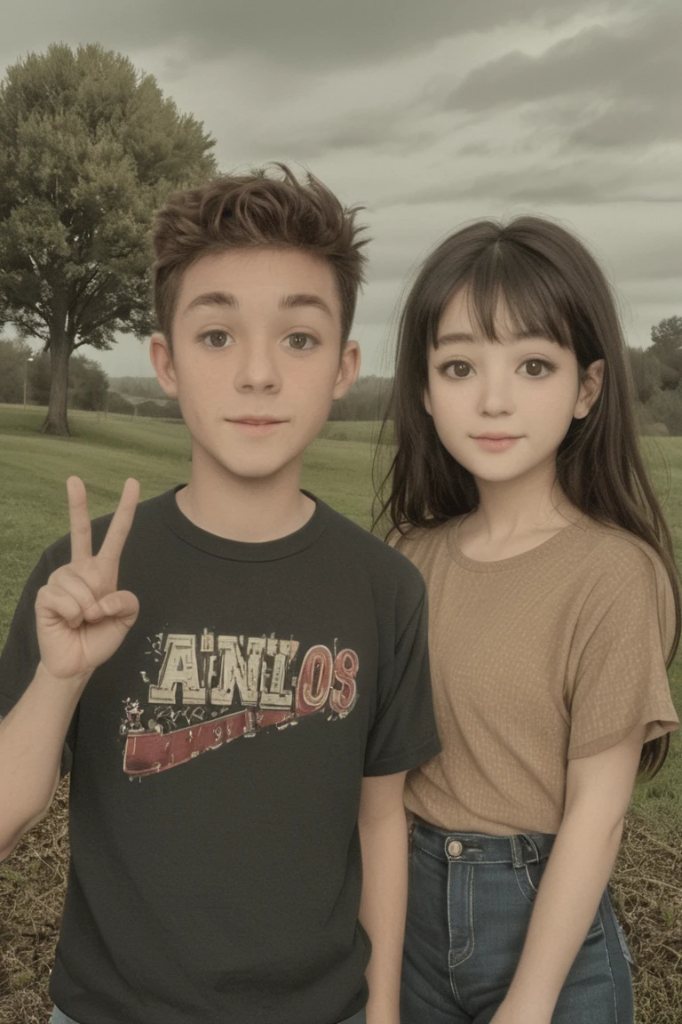 they are posing for a picture in front of a tree, Parque em segundo plano, com um parque ao fundo, em um parque, trees in the background, palmeiras no fundo, taken in the early 2020s, no parque, no Parque, imagem de qualidade muito baixa, Fotografia selfie 8k, em um parque