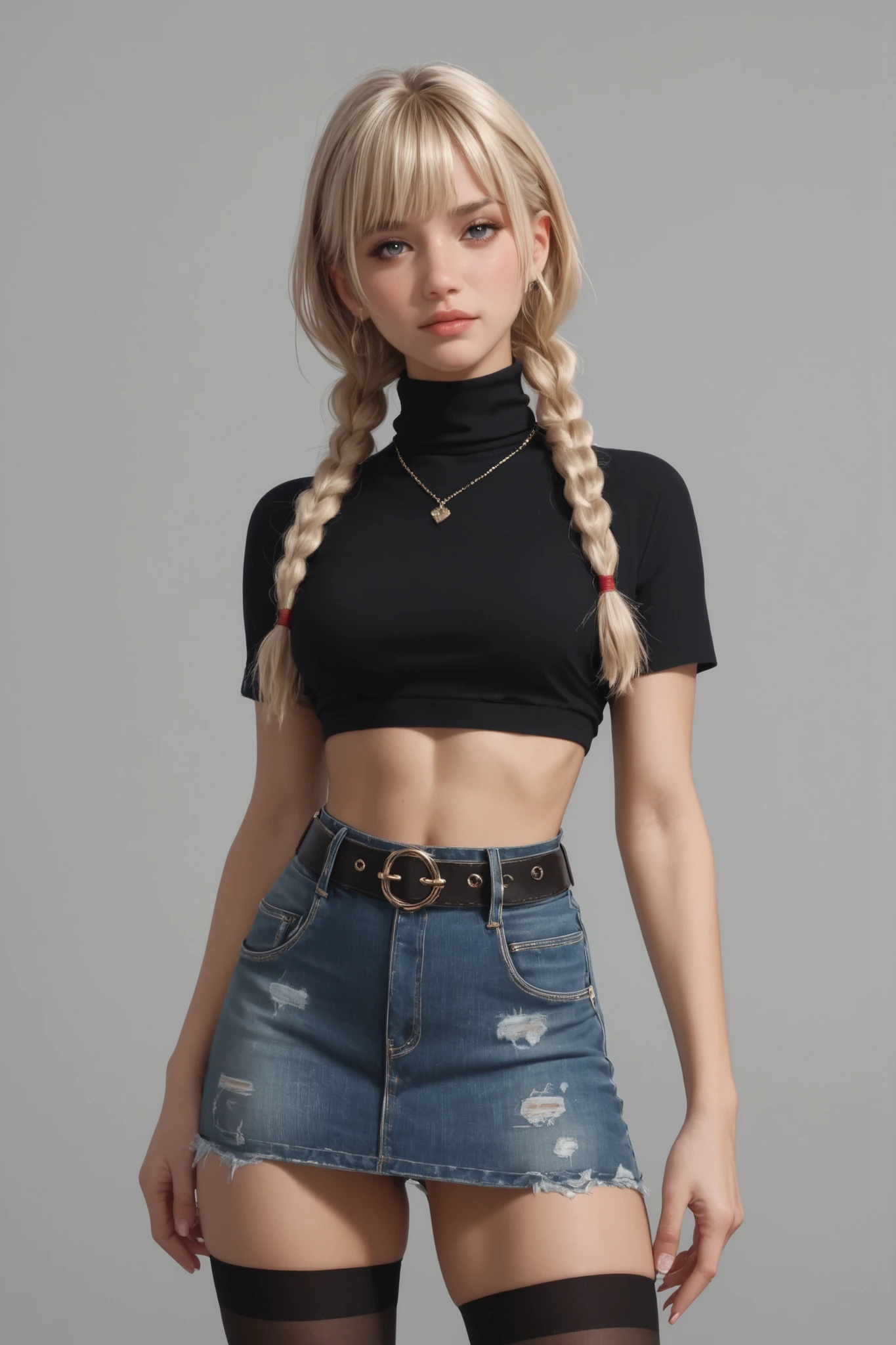 score_9, score_8_up, score_7_up, 1 blond-haired girl with braids and bangs, wearing a turtleneck crop top, black stockings, a cropped denim skirt and a belt.