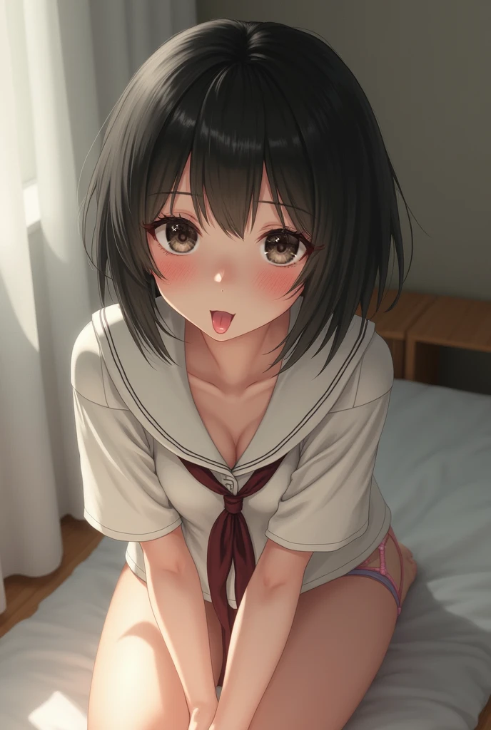 masterpiece、Highest image quality、ultra high resolution、NSFW、big breasted girl、short hair、red face、shyly、mock、Please open your mouth just a little、Pajamas that show cleavage for elementary schoolrts for elementary school girls、sitting onthe living room at night、at night